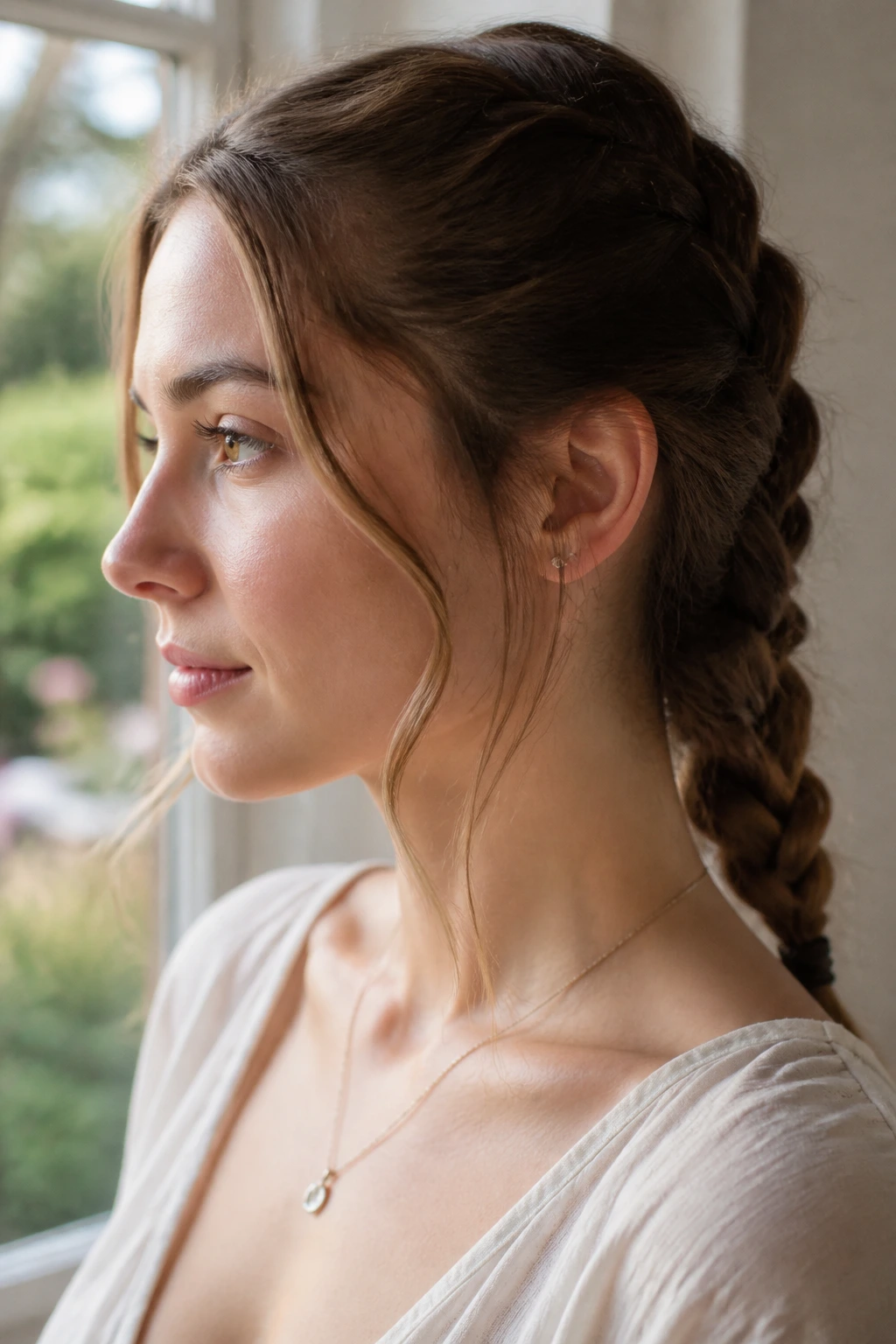 Close-up of a real person with face-framing tendrils and a French braid.
