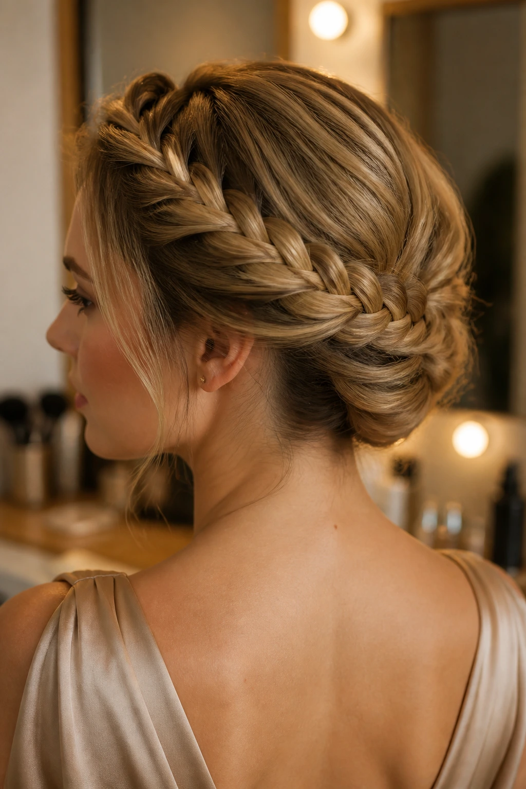 Close-up of a real woman with a tucked French braid updo, hair dominating the frame