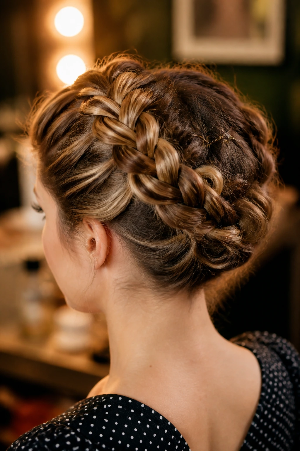Back view of a real woman with a pin-up French braid updo.
