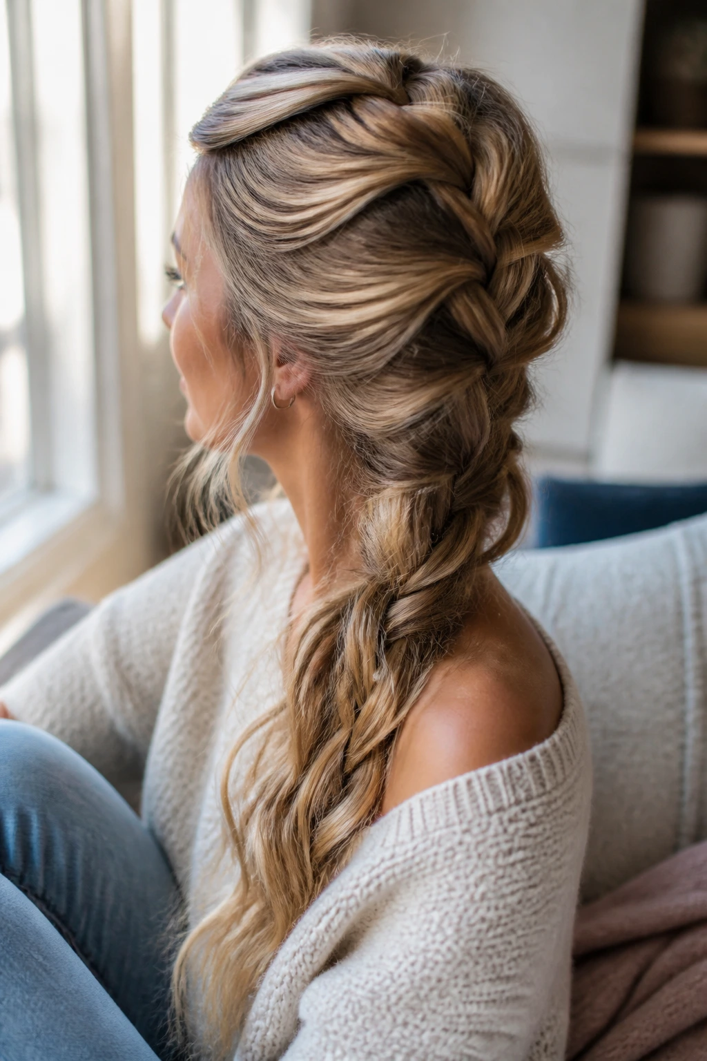 Close-up of real woman's head with relaxed French braid on wavy hair by a sunlit window.