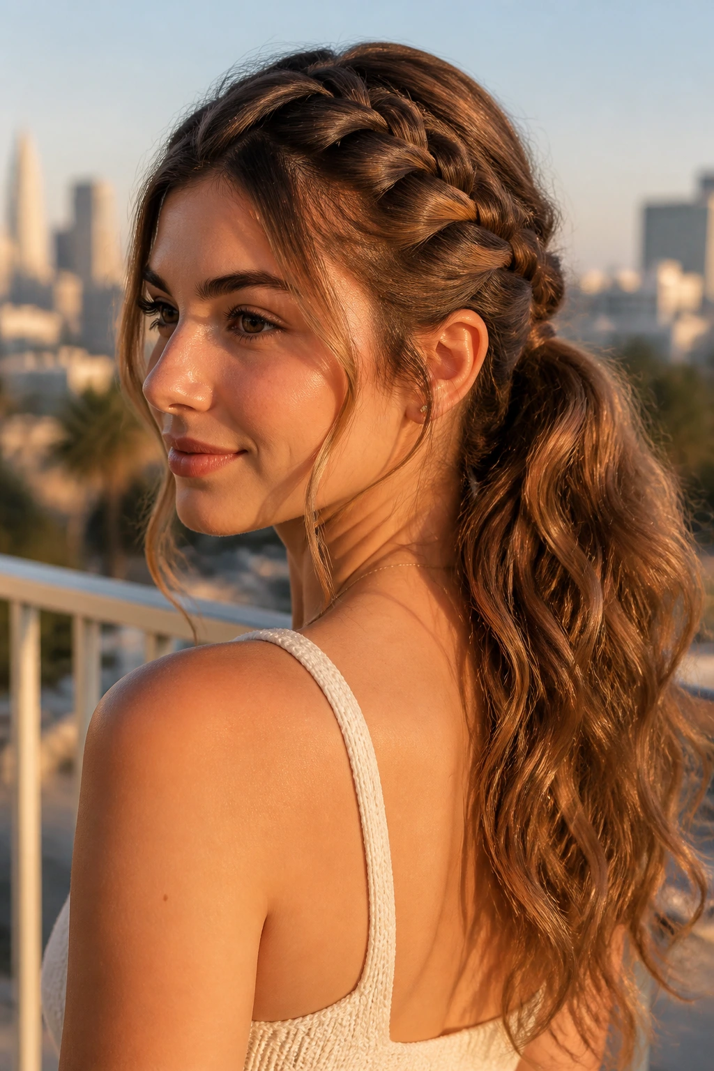 Portrait of a woman with a crown French braid leading into a wavy tail
