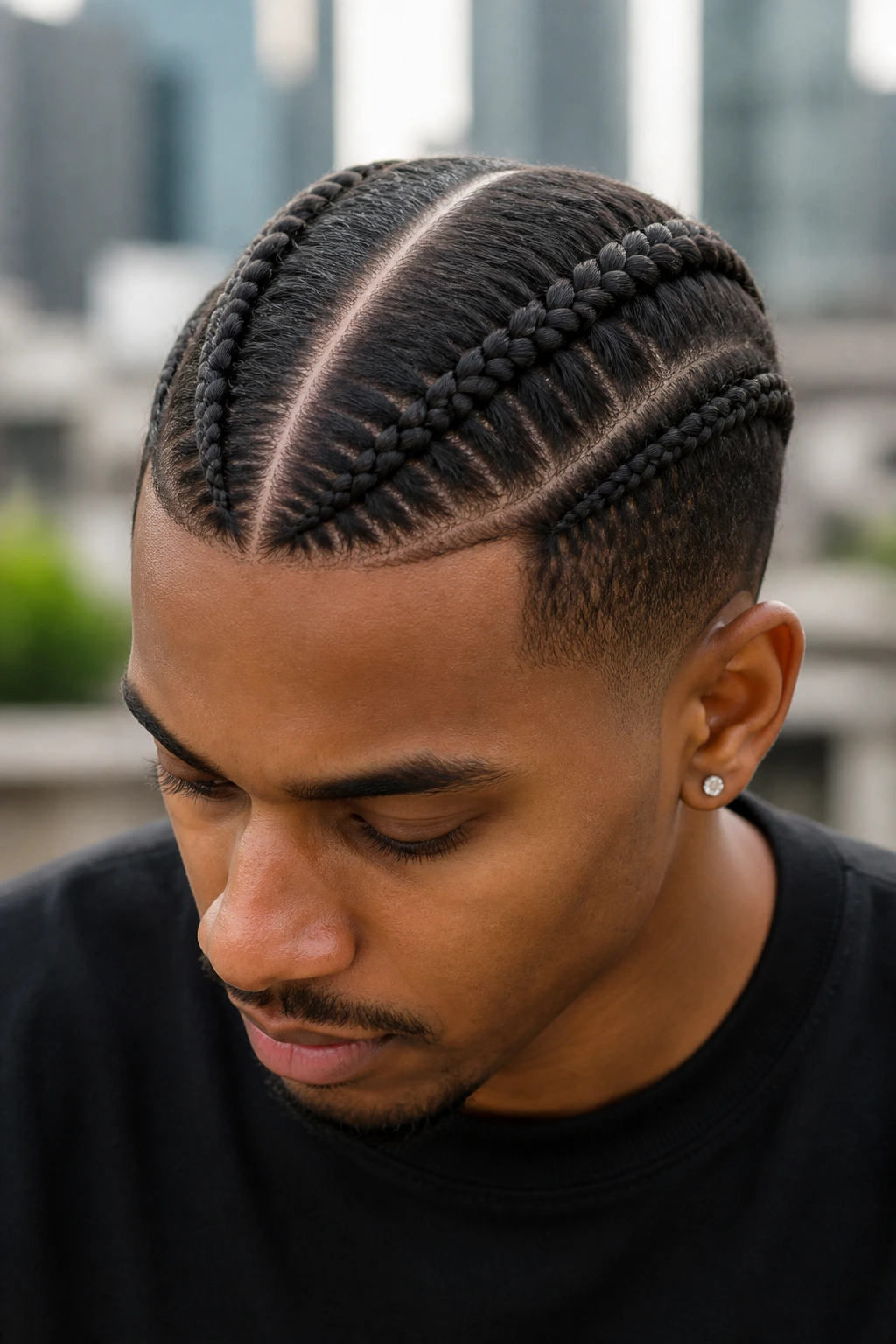 Close-up of a real man with French braids along the scalp outdoors