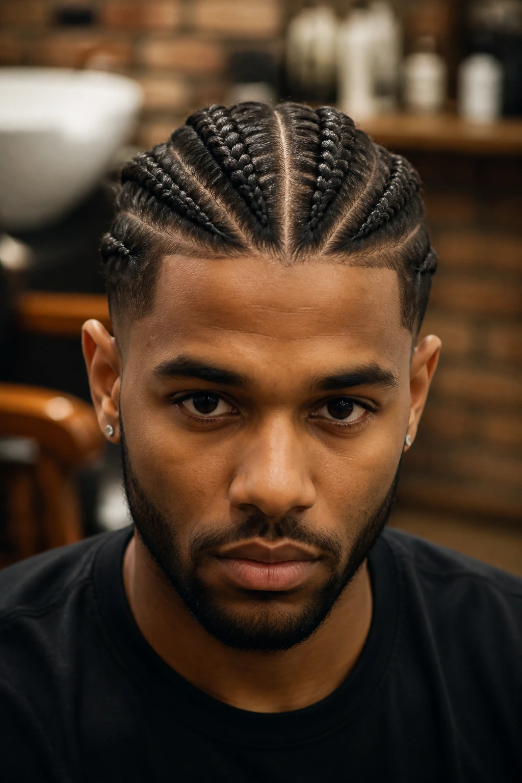 Close-up of a man with French braids along the scalp