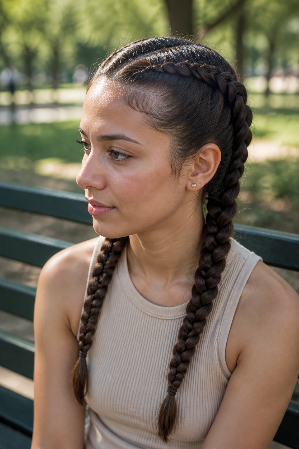 Close-up of a real person with two French braids forming pigtails at the crown, daylight