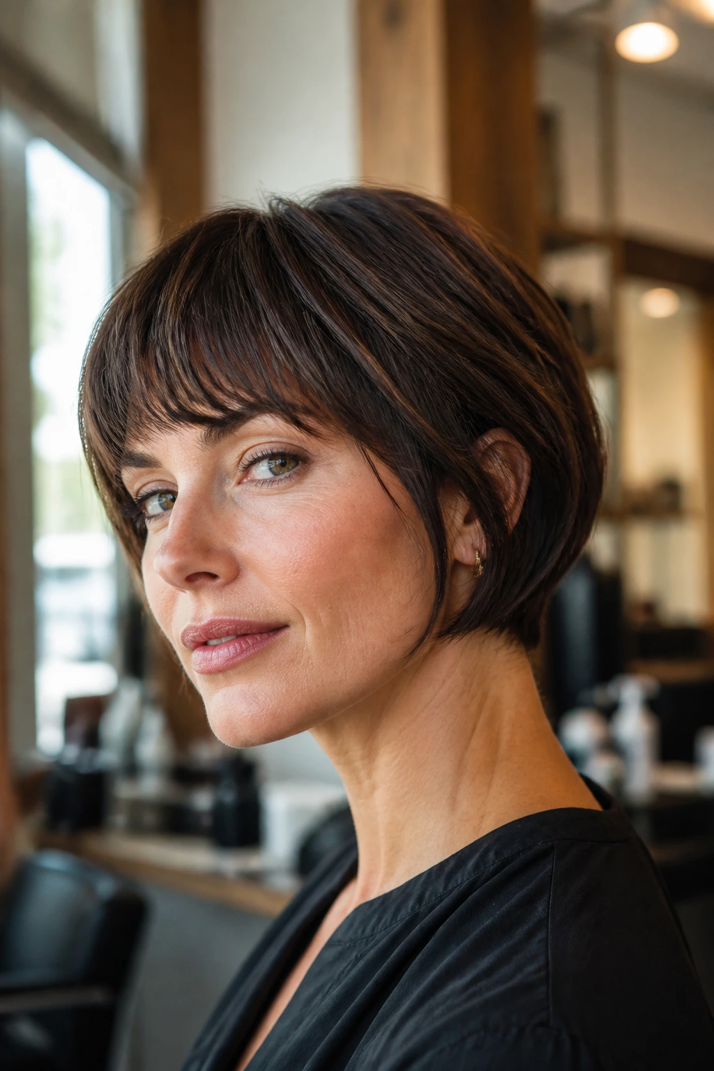 Close-up of a real woman with a blended fringe French crop bob under soft natural light