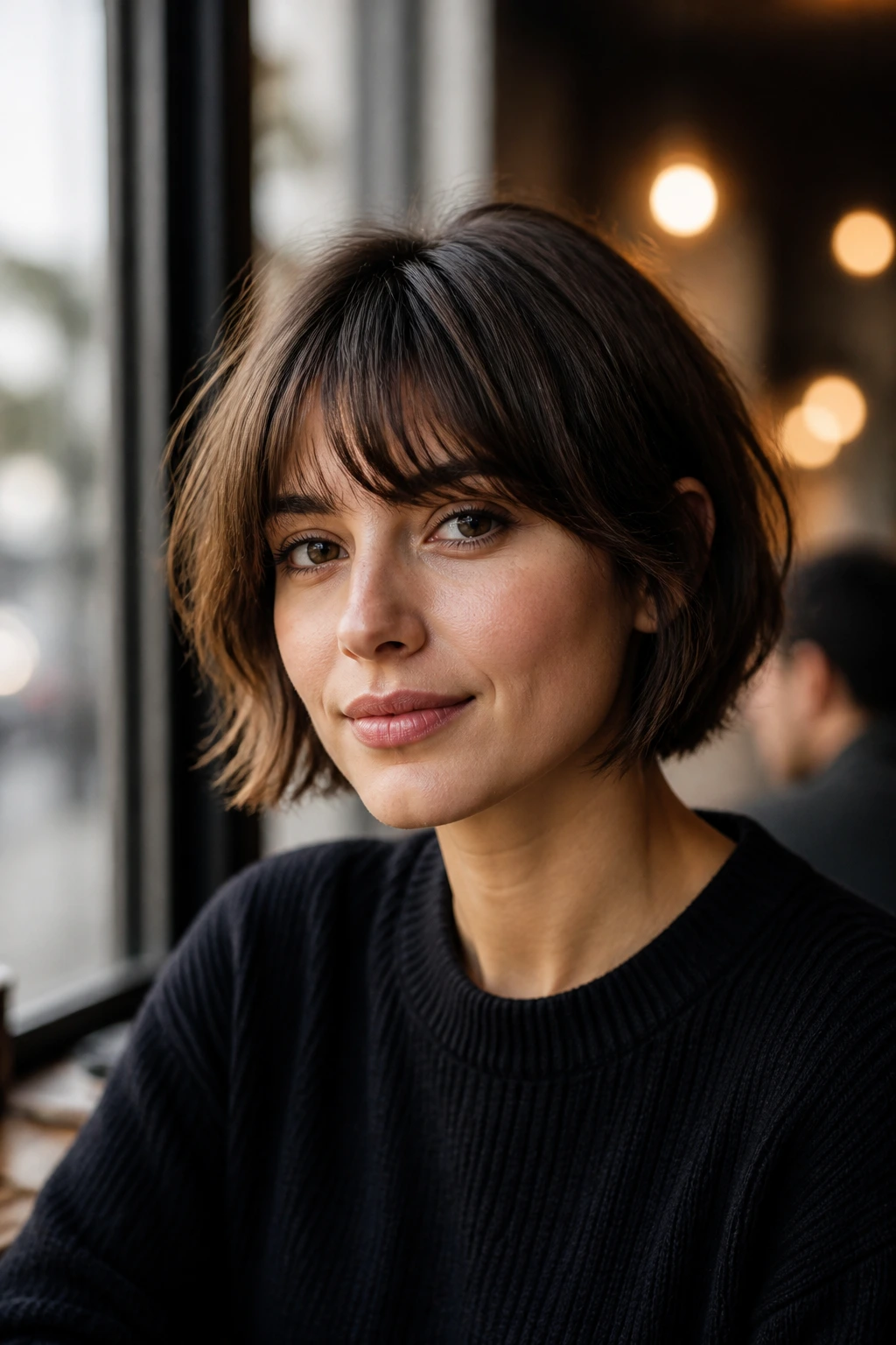 Close-up of a woman with brow-skimming bangs and a French crop