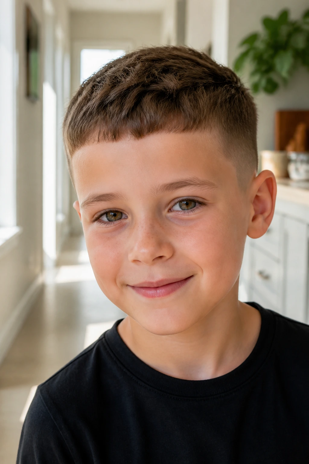 Close-up of a real child with a short textured French crop, forehead clear