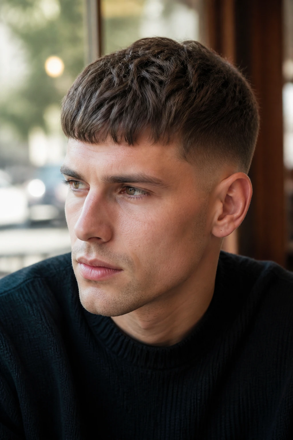 Close-up of man with French crop and choppy fringe