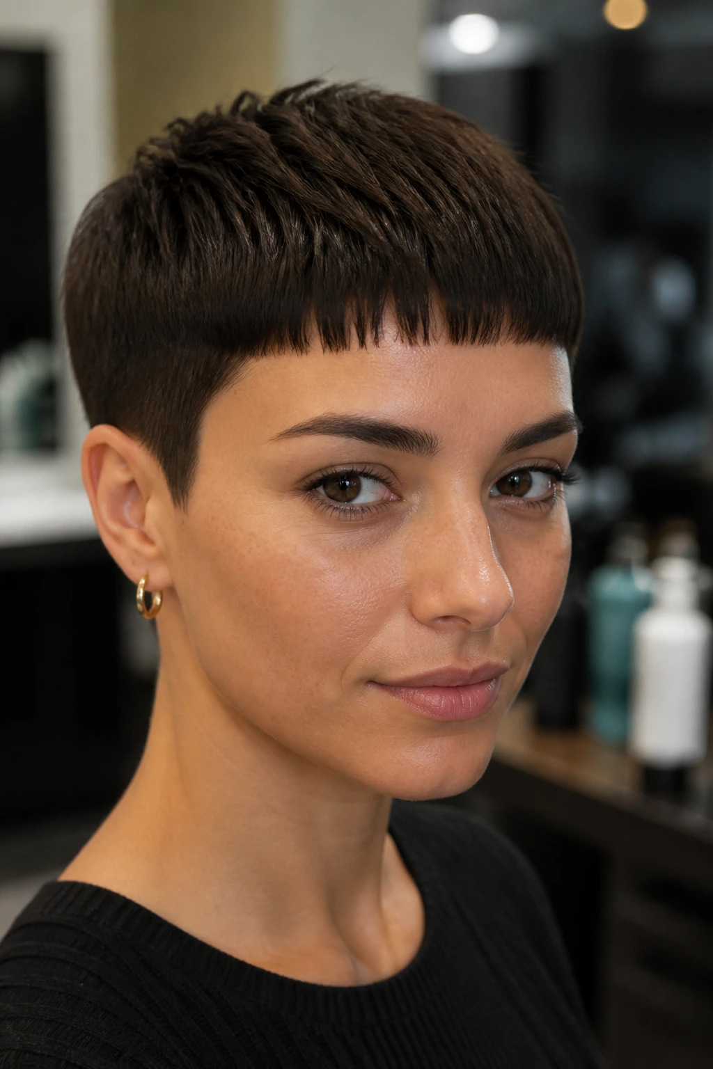 Close-up of a real person with a dark roast French crop showing short fringe and glossy color.