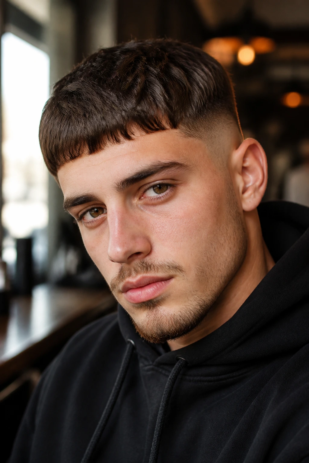 Close-up portrait of a man with a French Crop Edgar Cut, fringe forward, cafe setting.