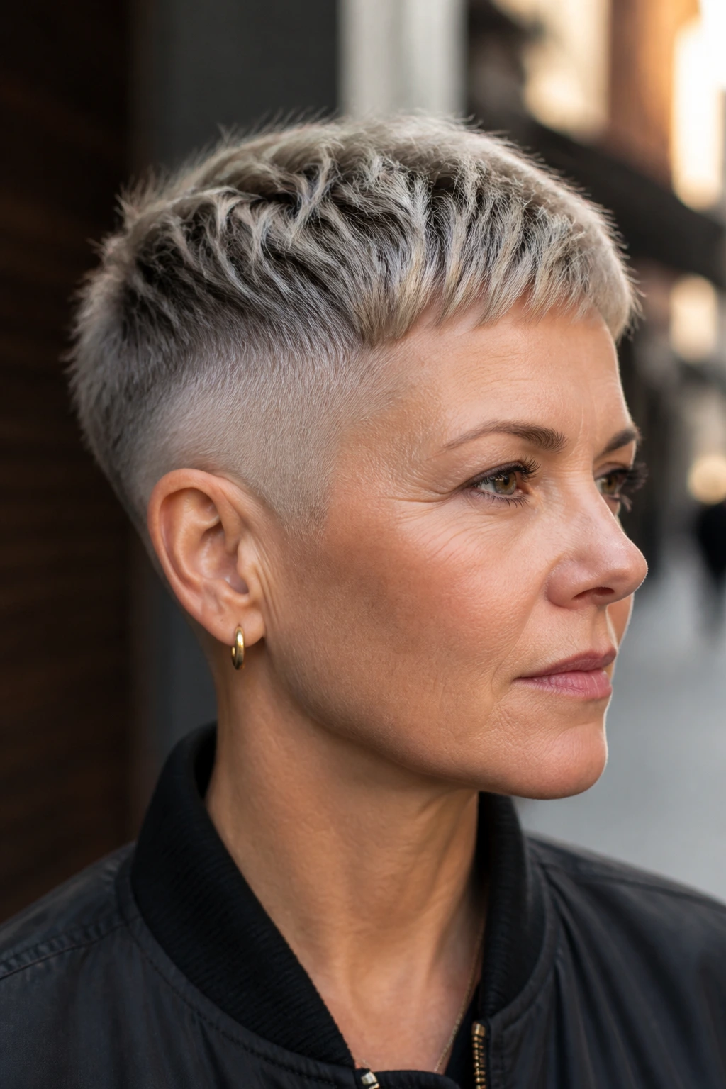Portrait of woman with French crop and side fade