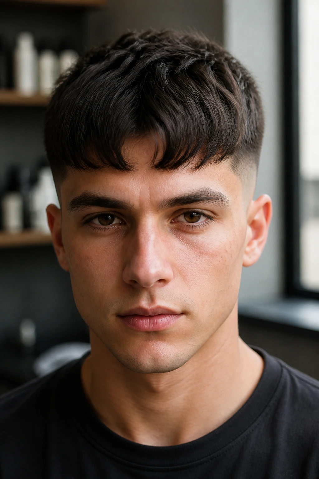 Close-up of a person with French crop fade and short curtain bangs in a barber studio.