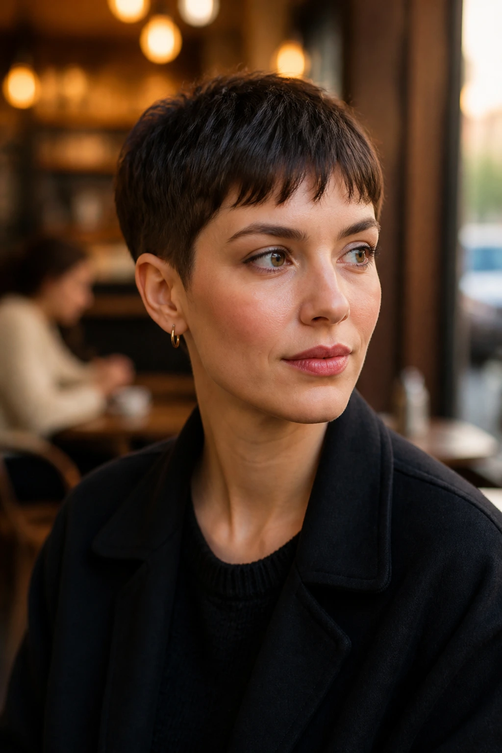 Portrait of woman with French crop and soft fringe in cafe light
