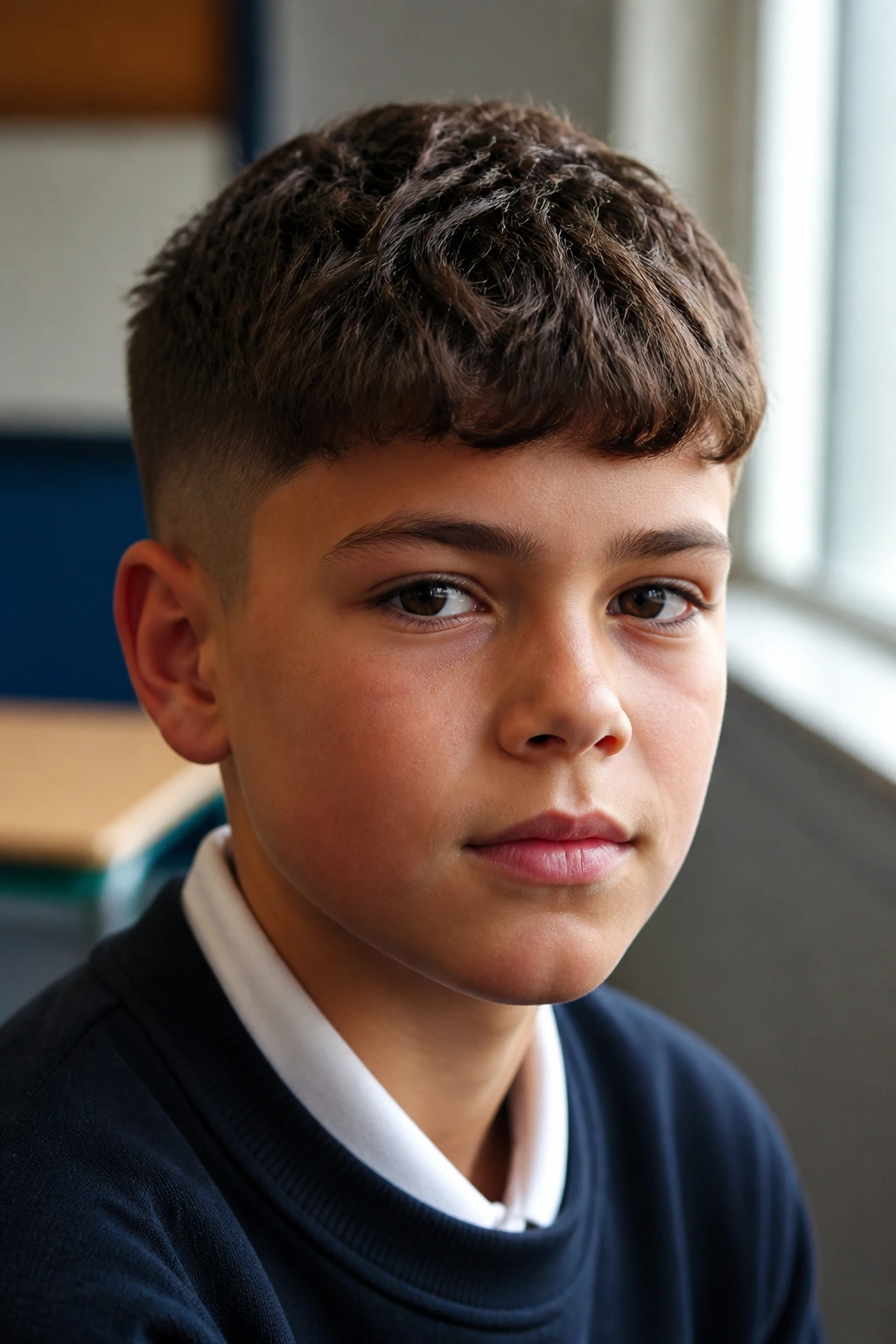 Close-up portrait of a schoolboy with a short top and forward fringe