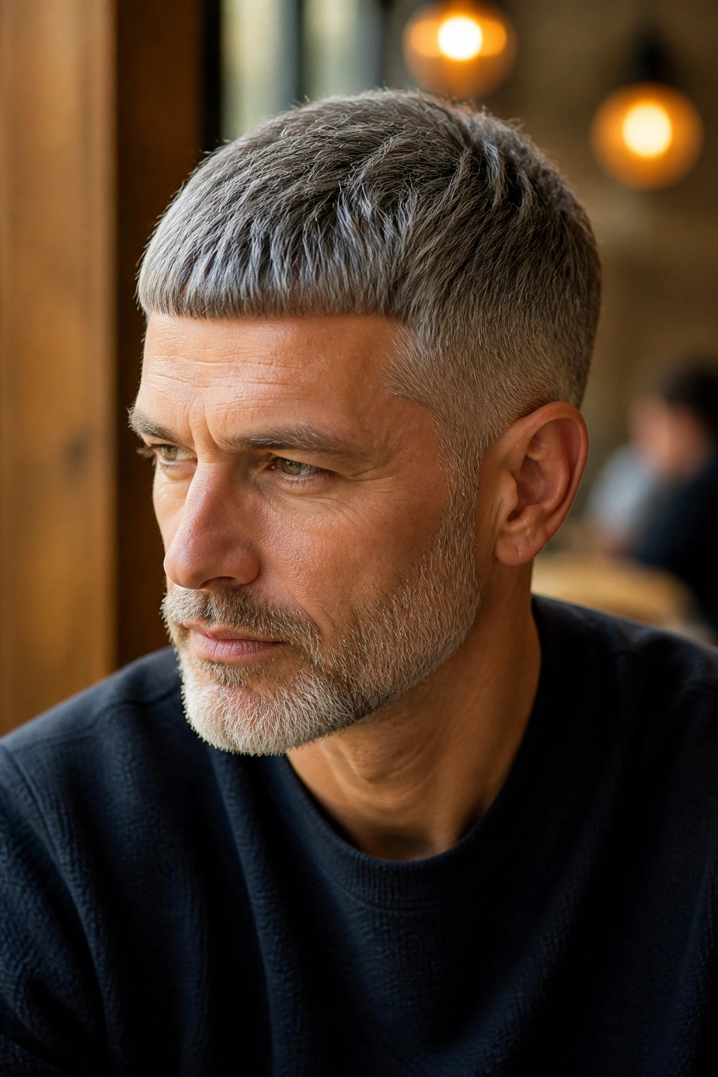Close-up of man with blunt-fringe French crop gray hair in cafe setting