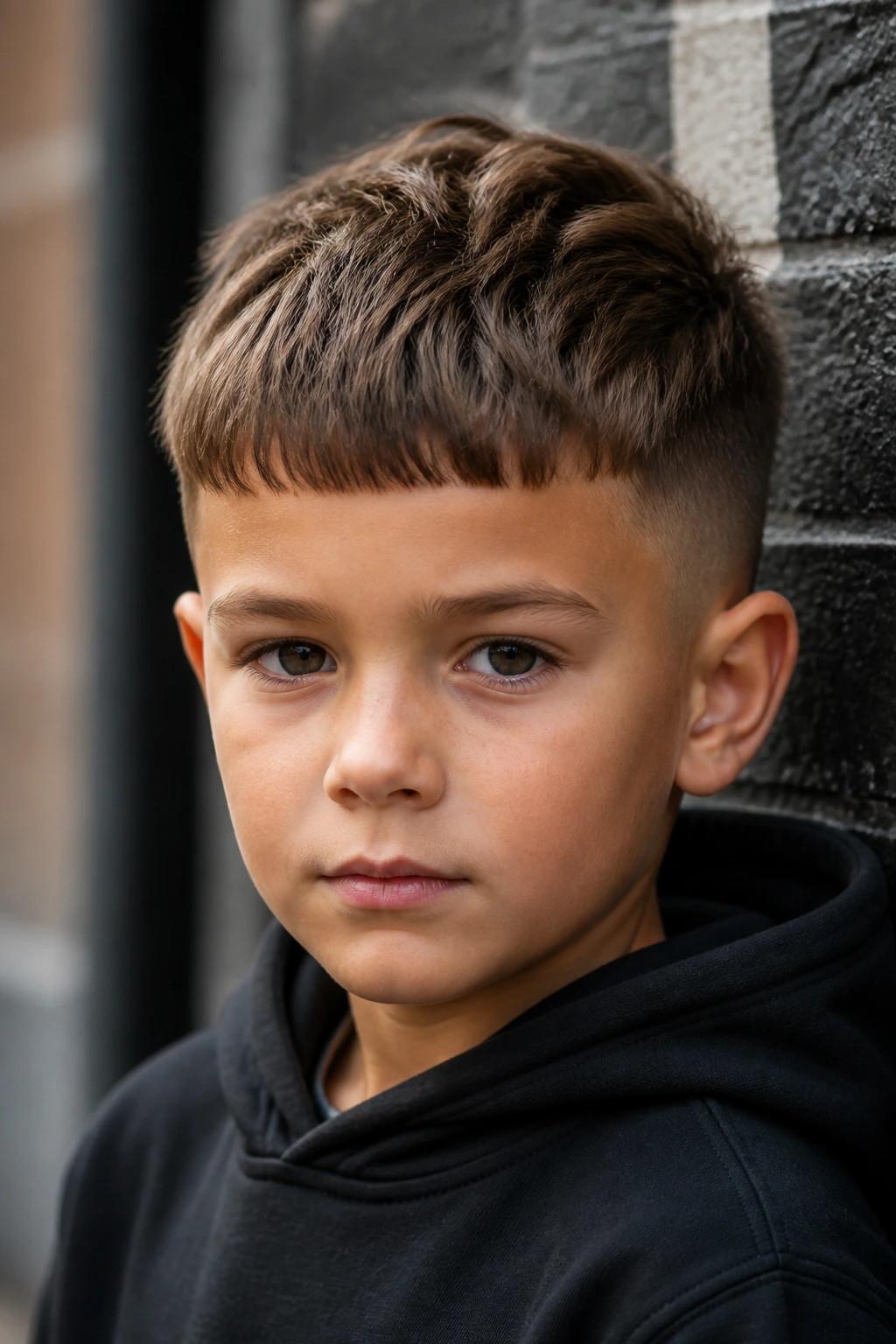 Close-up of boy with French Crop and forward fringe.