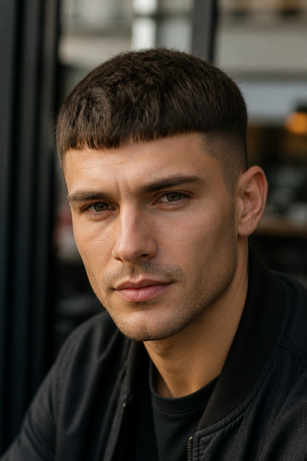 Portrait of a real man with a French crop and forward fringe in natural light