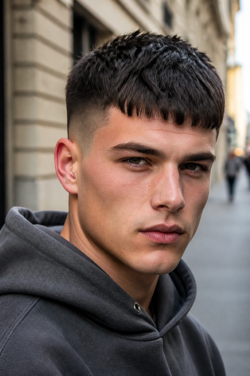 Close-up of a man with a French crop on a city street