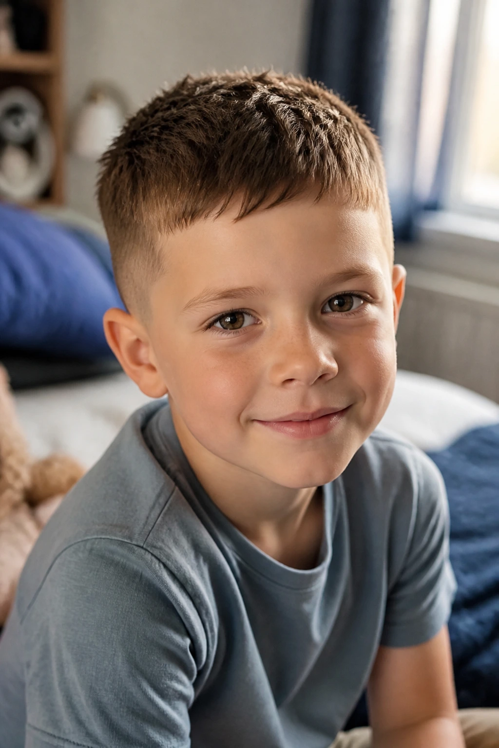 Boy with French crop hairstyle close-up portrait
