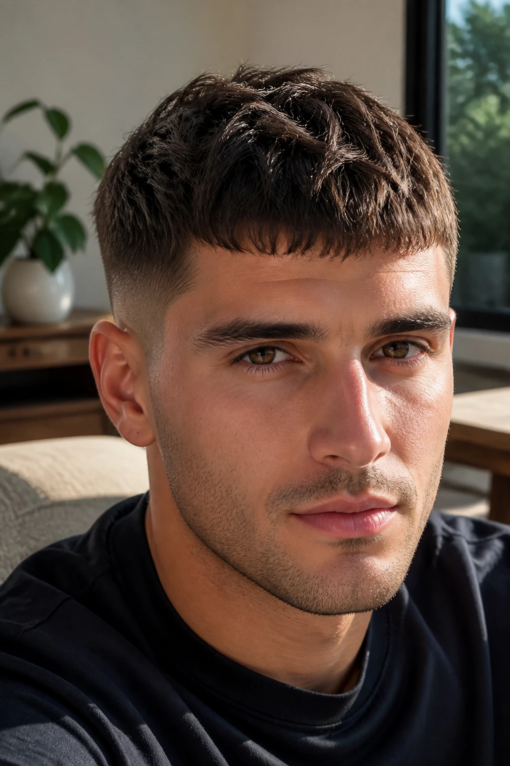 Man with French crop featuring forward fringe