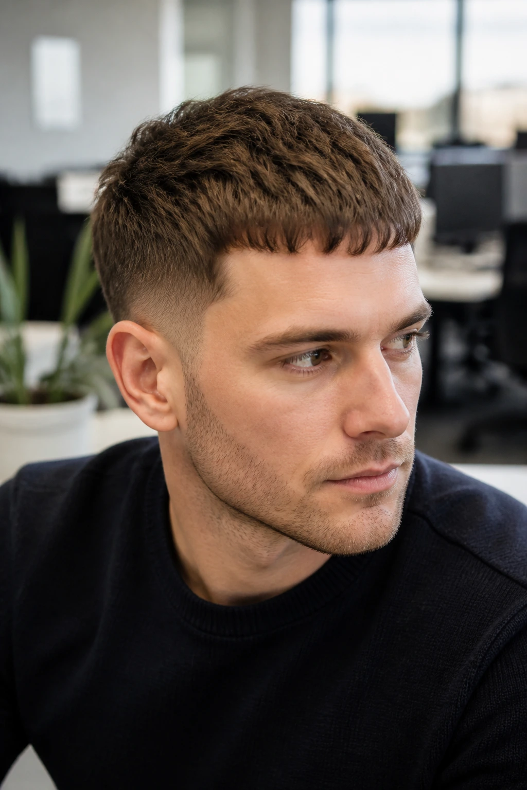 Close-up portrait of a real man with a French crop hairstyle in an office setting