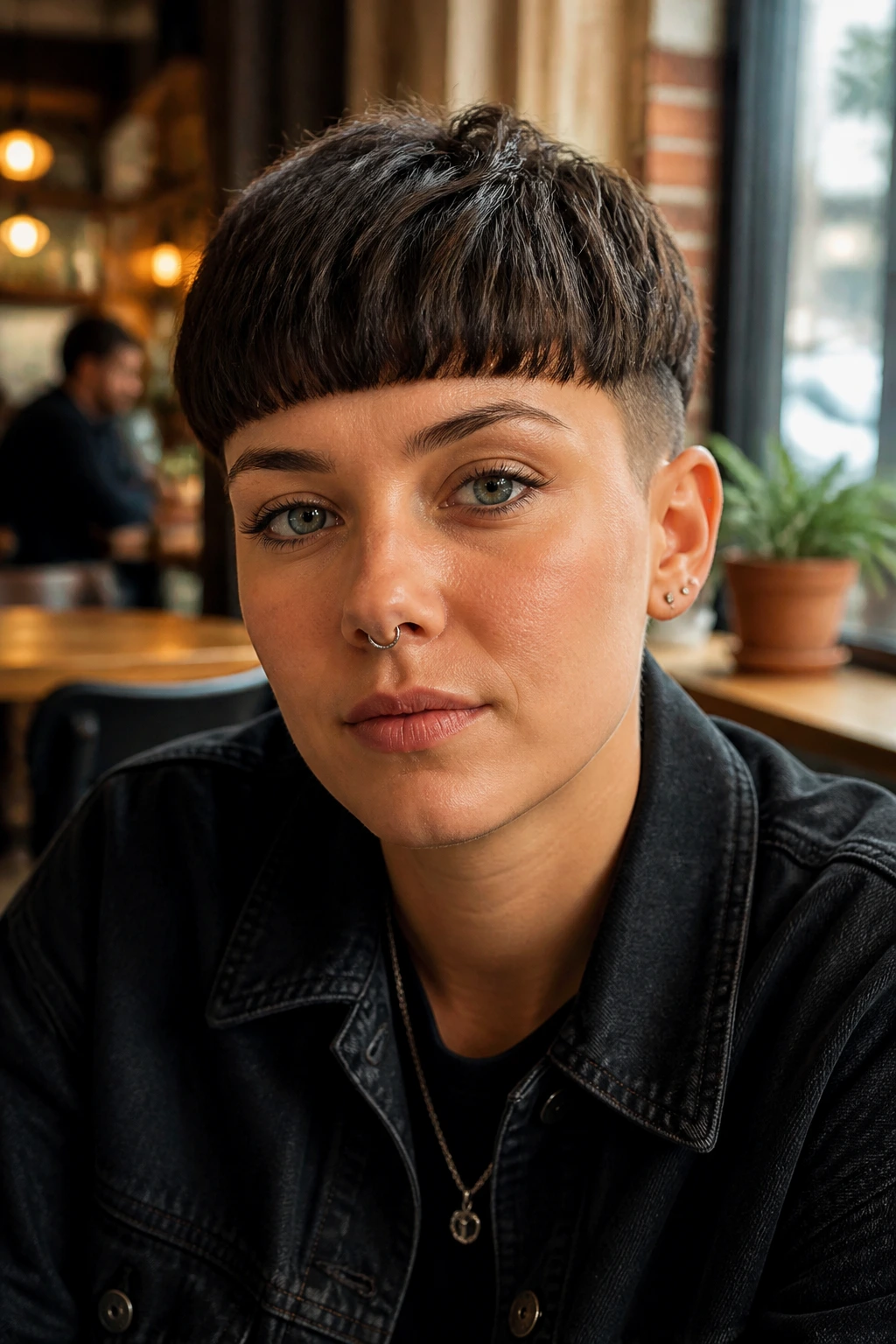 Close-up of a real person with French crop and heavy fringe in cafe light