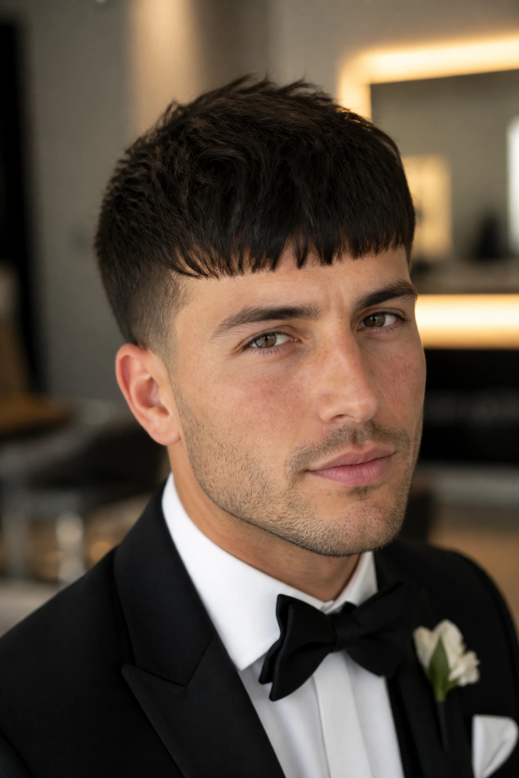 Close-up of man with dense fringe French crop