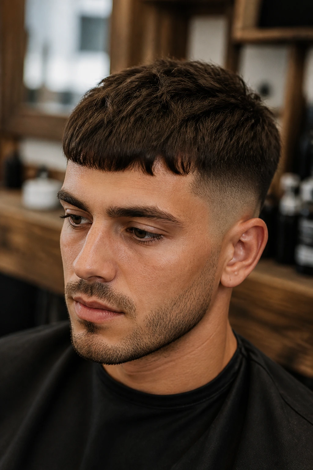 Man with French crop and heavy front fringe in barber shop setting.