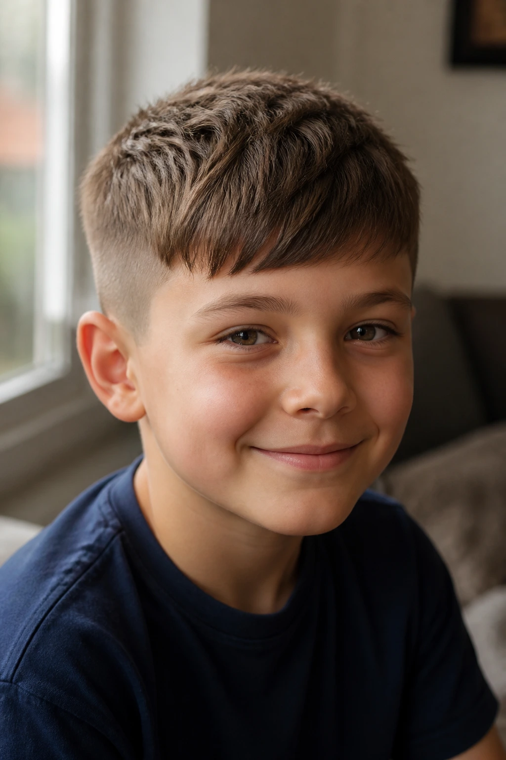 Close-up of child with French crop fringe pushed forward