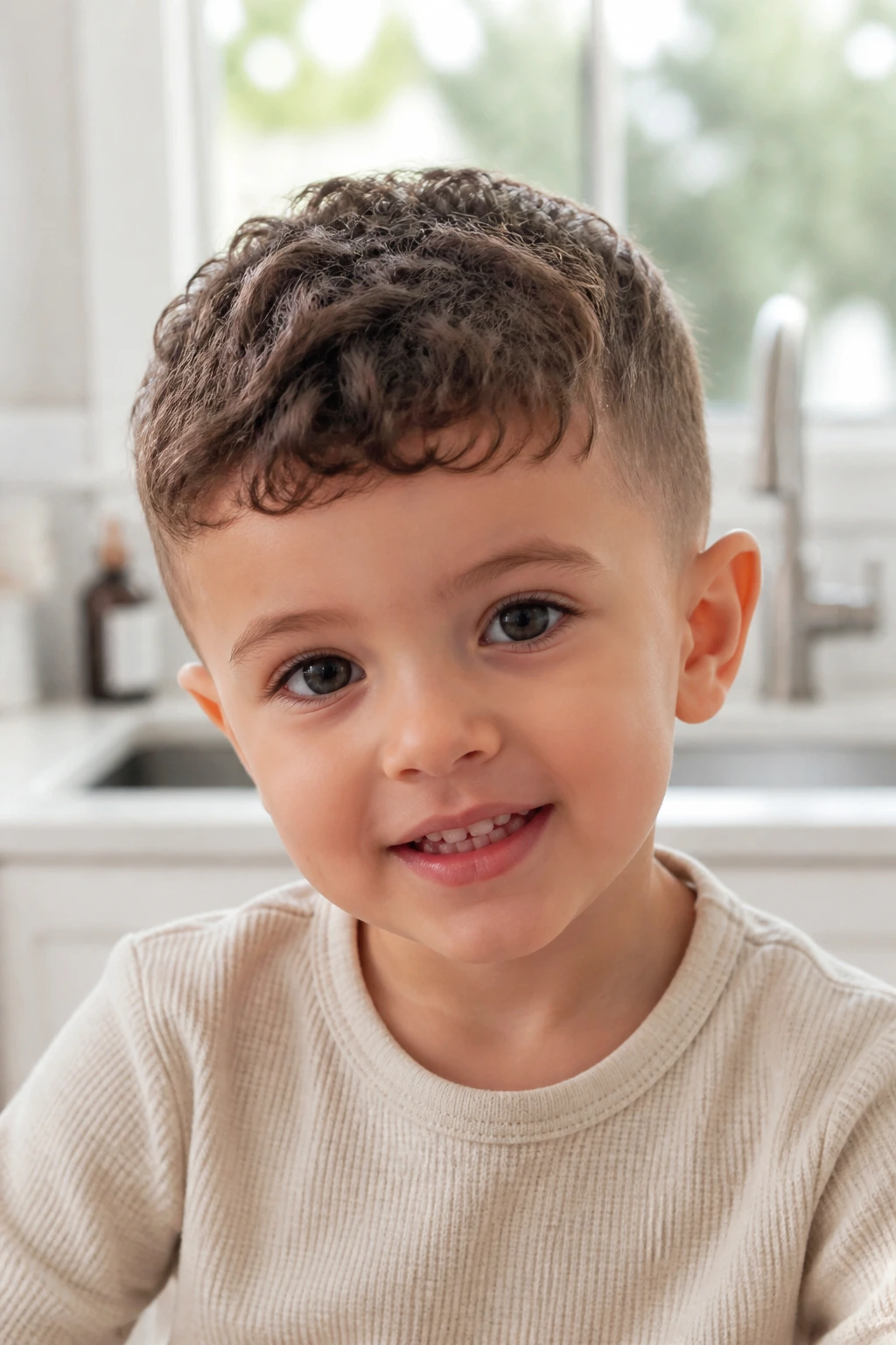 Close-up of toddler boy with French crop and loose curls