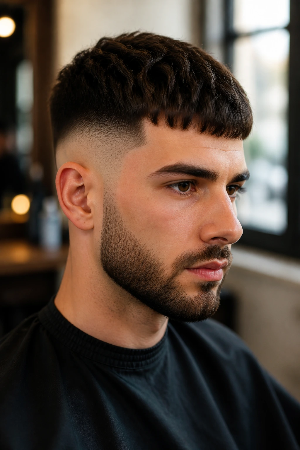 Close-up portrait of a man with a French crop and mid fade hairstyle.
