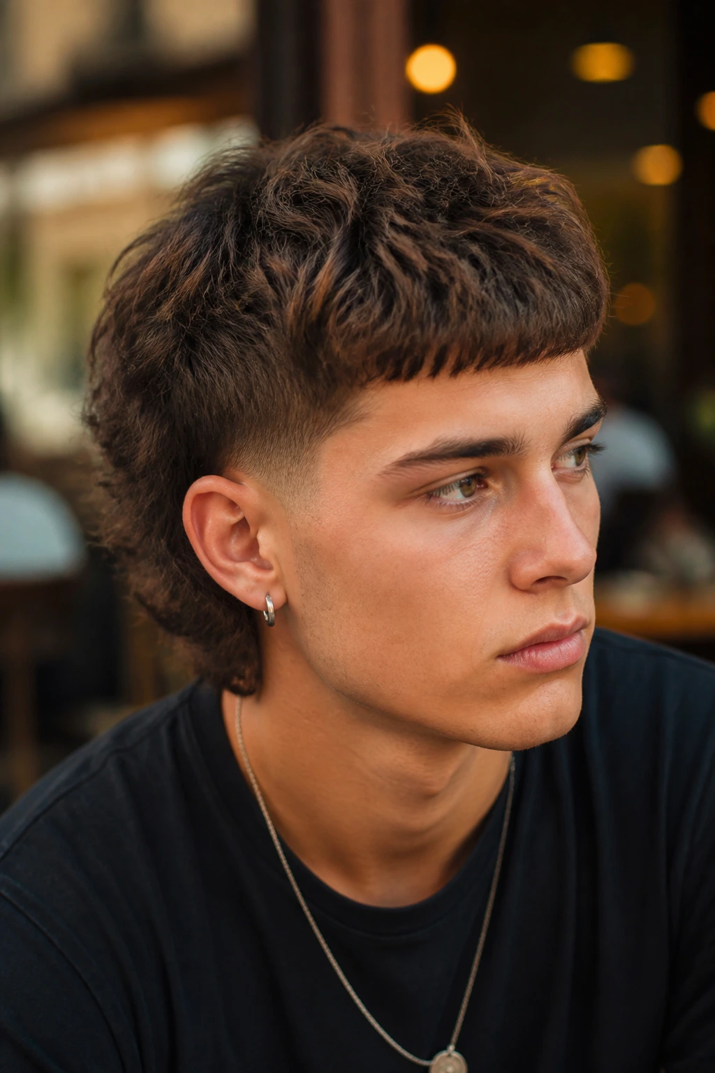 Close-up of a real person with French crop mullet in an urban cafe setting