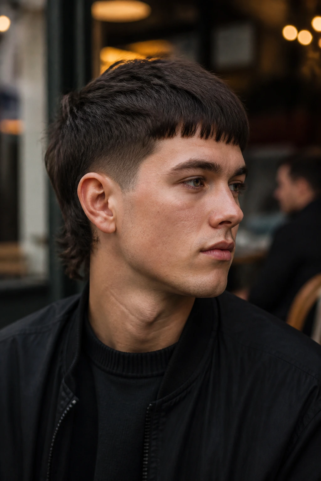 Close-up portrait of a real person with French crop mullet featuring blunt fringe