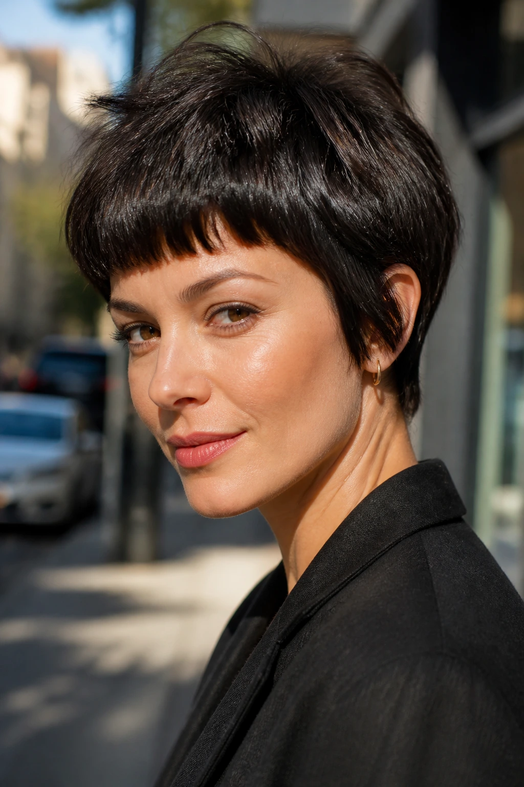 Real woman with French crop pixie bob in urban morning light