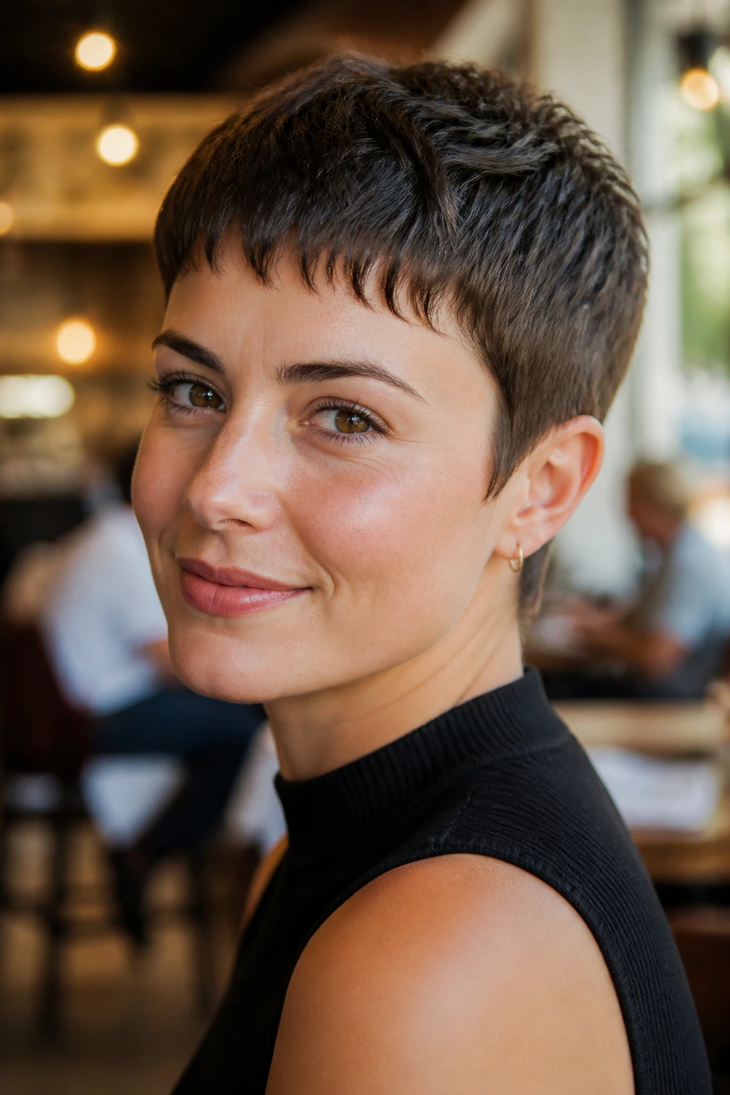 Portrait of a woman with a French crop pixie under sunny cafe light