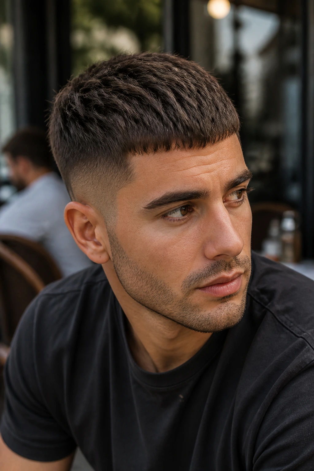 Close-up portrait of a man with a French crop in a cafe setting