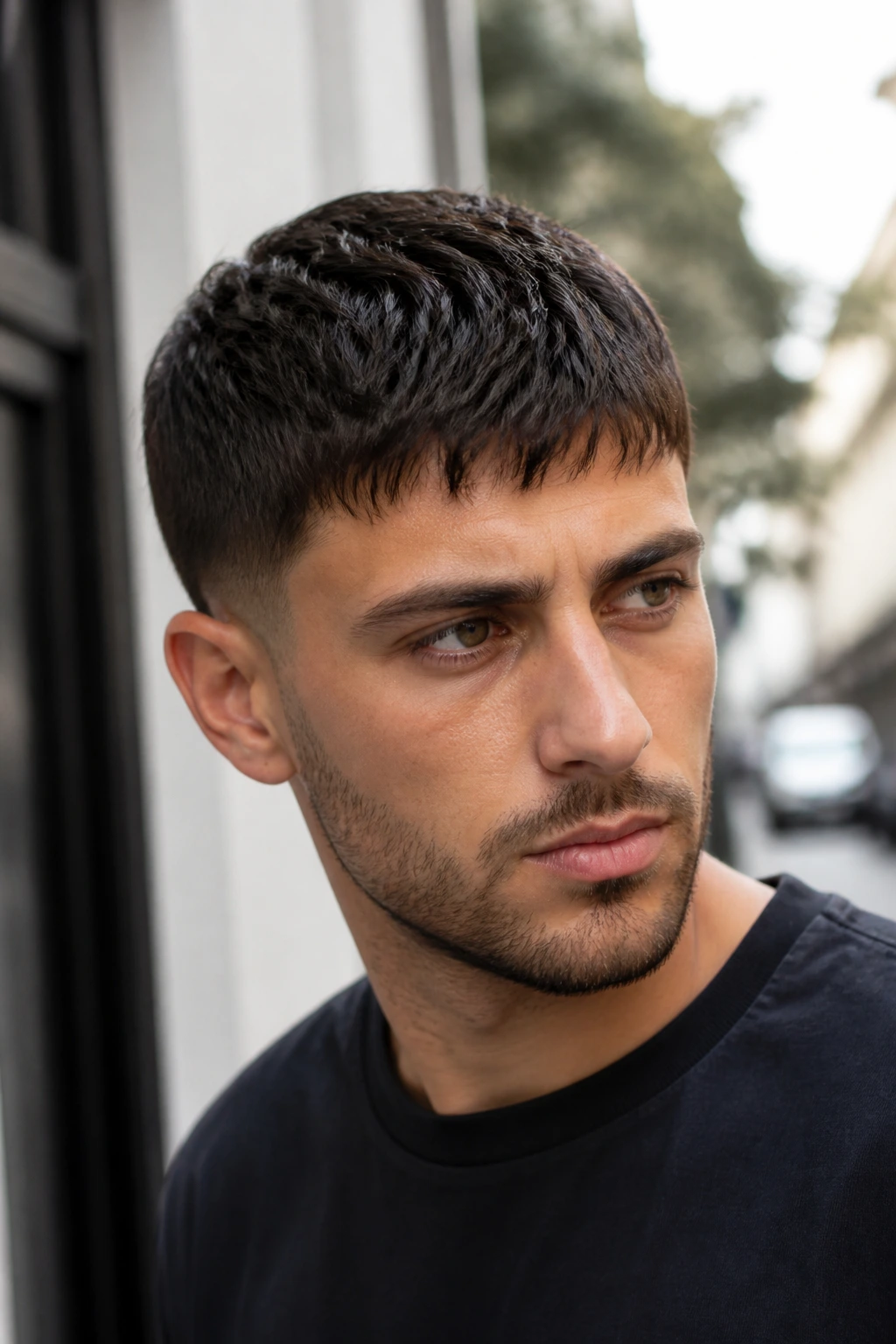 Close-up of a man with a forward-fringe French crop