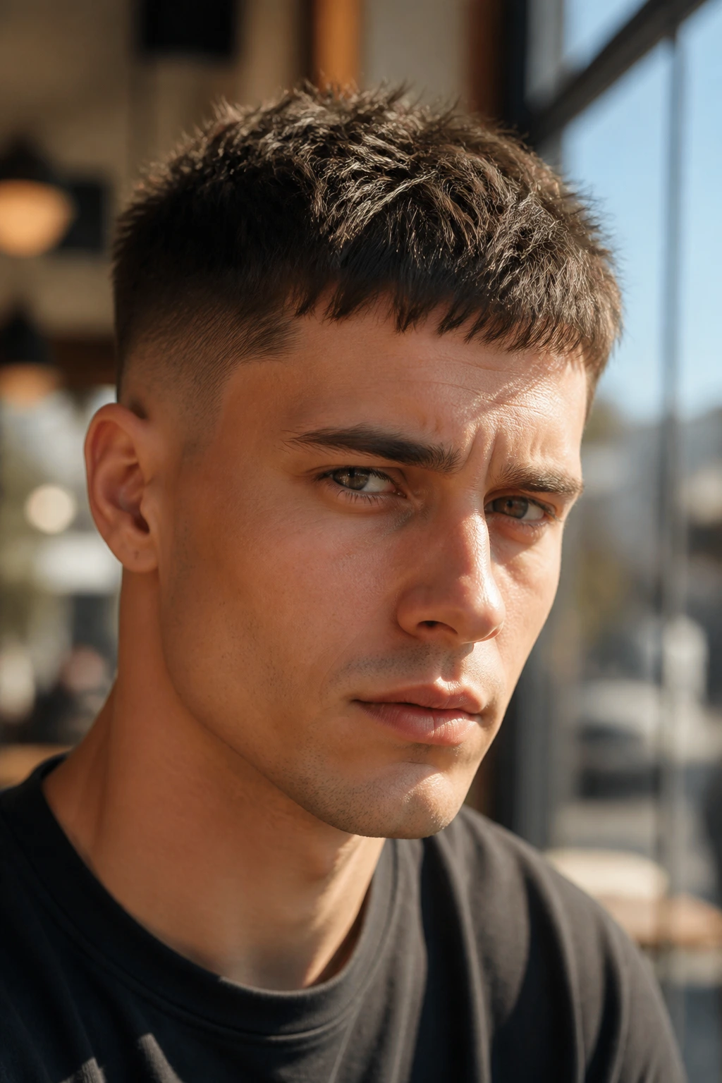 Close-up of a man with a short fringe French crop spikes in a sunlit cafe setting.