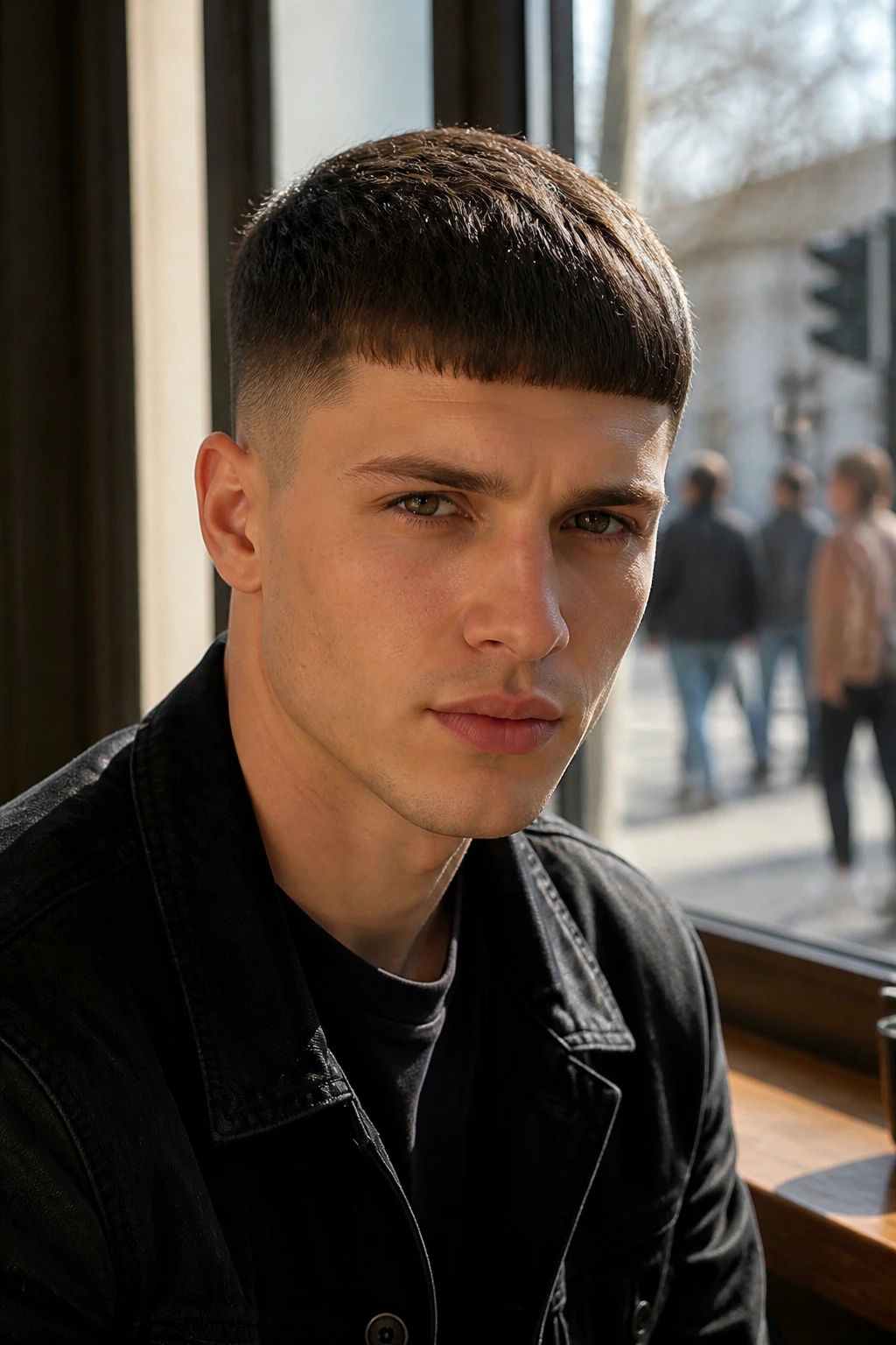 Portrait of a man with a French crop and straight fringe in daylight at a cafe window