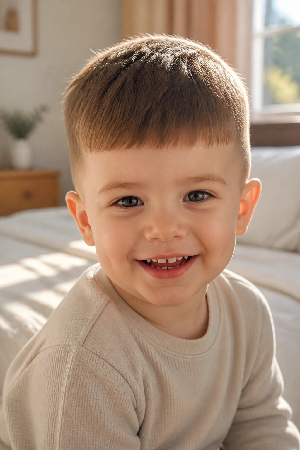 Close-up of a toddler with a French Crop hairstyle featuring forward fringe in a sunlit bedroom