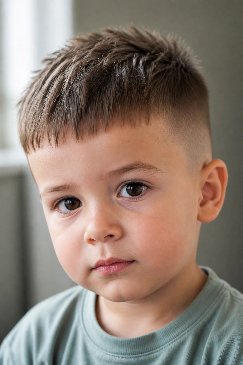 Toddler with French crop fringe forward in natural light