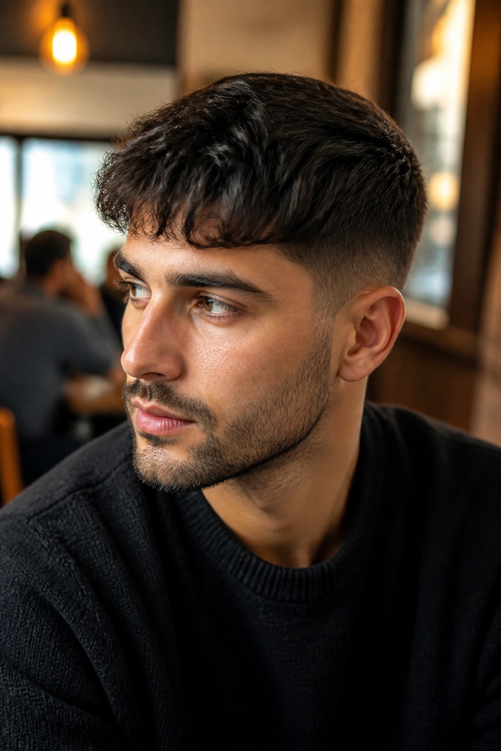 Close-up portrait of a man with a French crop and wavy fringe.