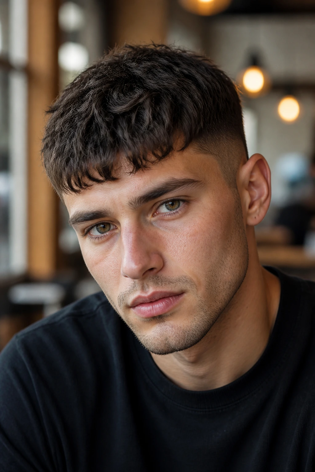 Close-up of a man with a messy French crop fringe and textured top