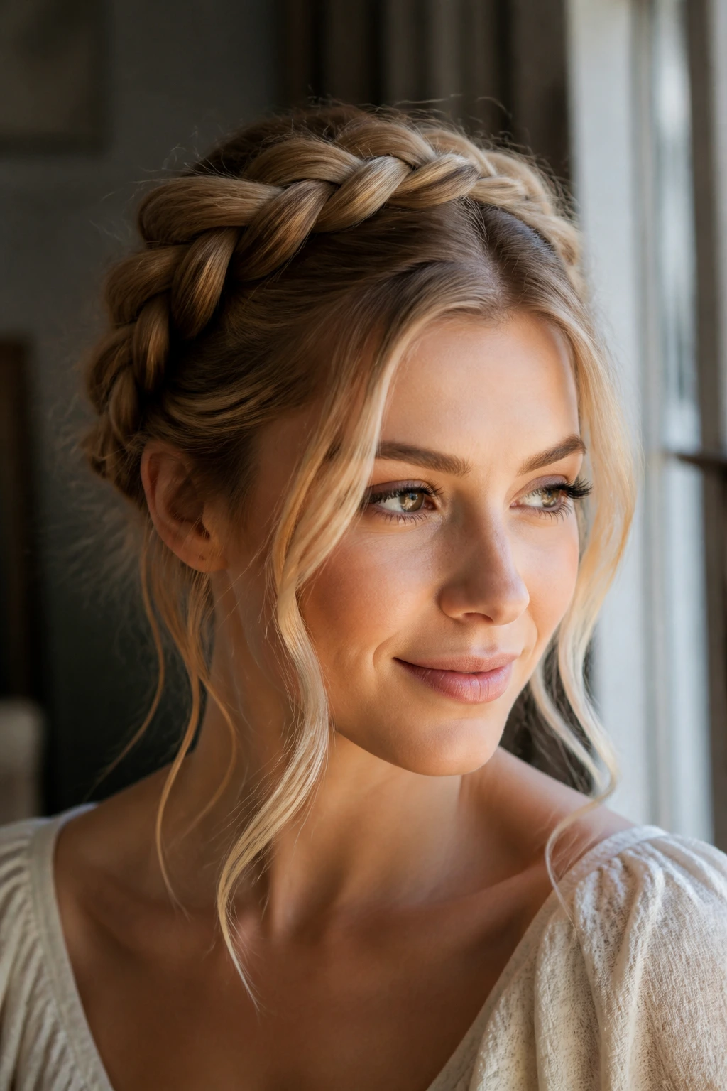 Real woman wearing a loose French crown with face-framing pieces.