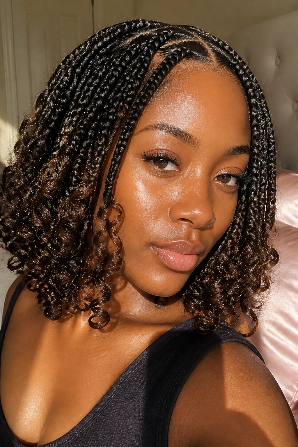 Close-up of French curl braid bob with spiral curls at the ends on a real person