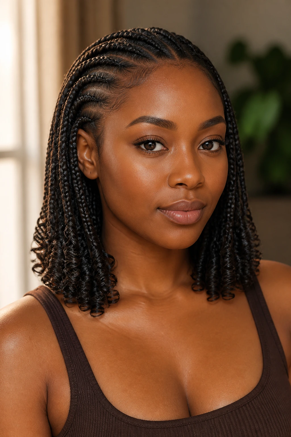 Real woman with collarbone-length French curl braids and curled ends.