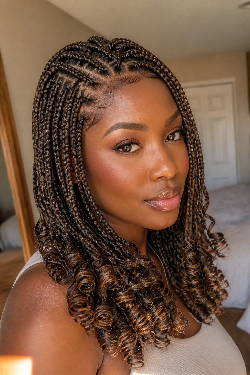 Close-up portrait of a real woman with French curl braids and curled ends in soft window light.