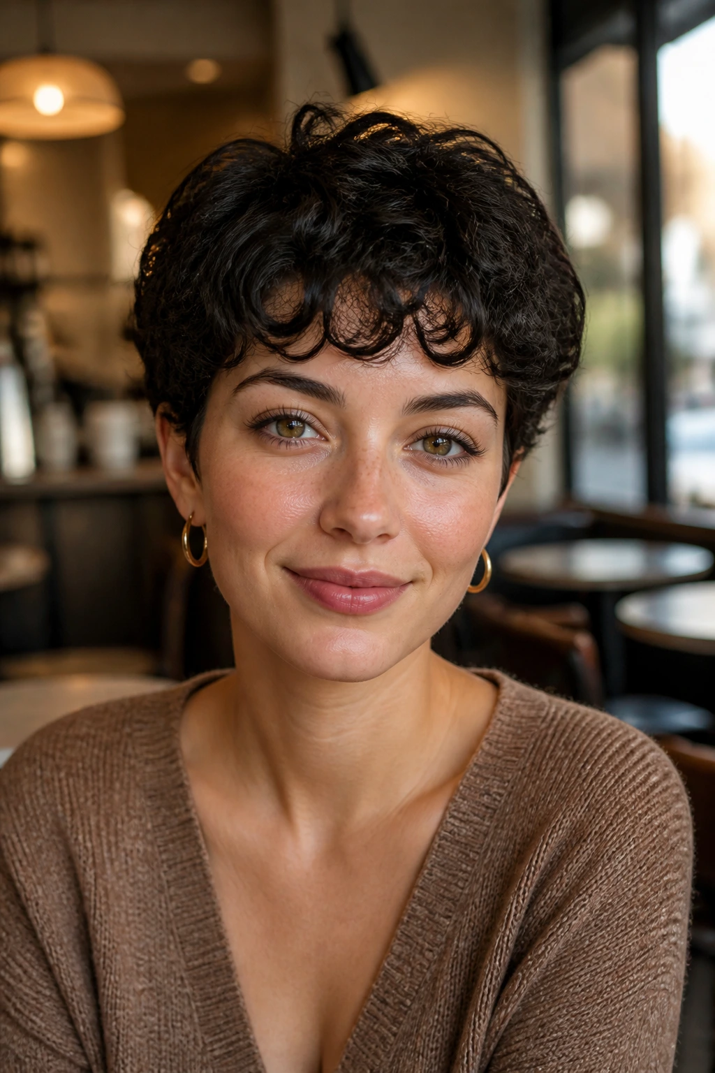Close-up of a real woman with French curl crop hairstyle
