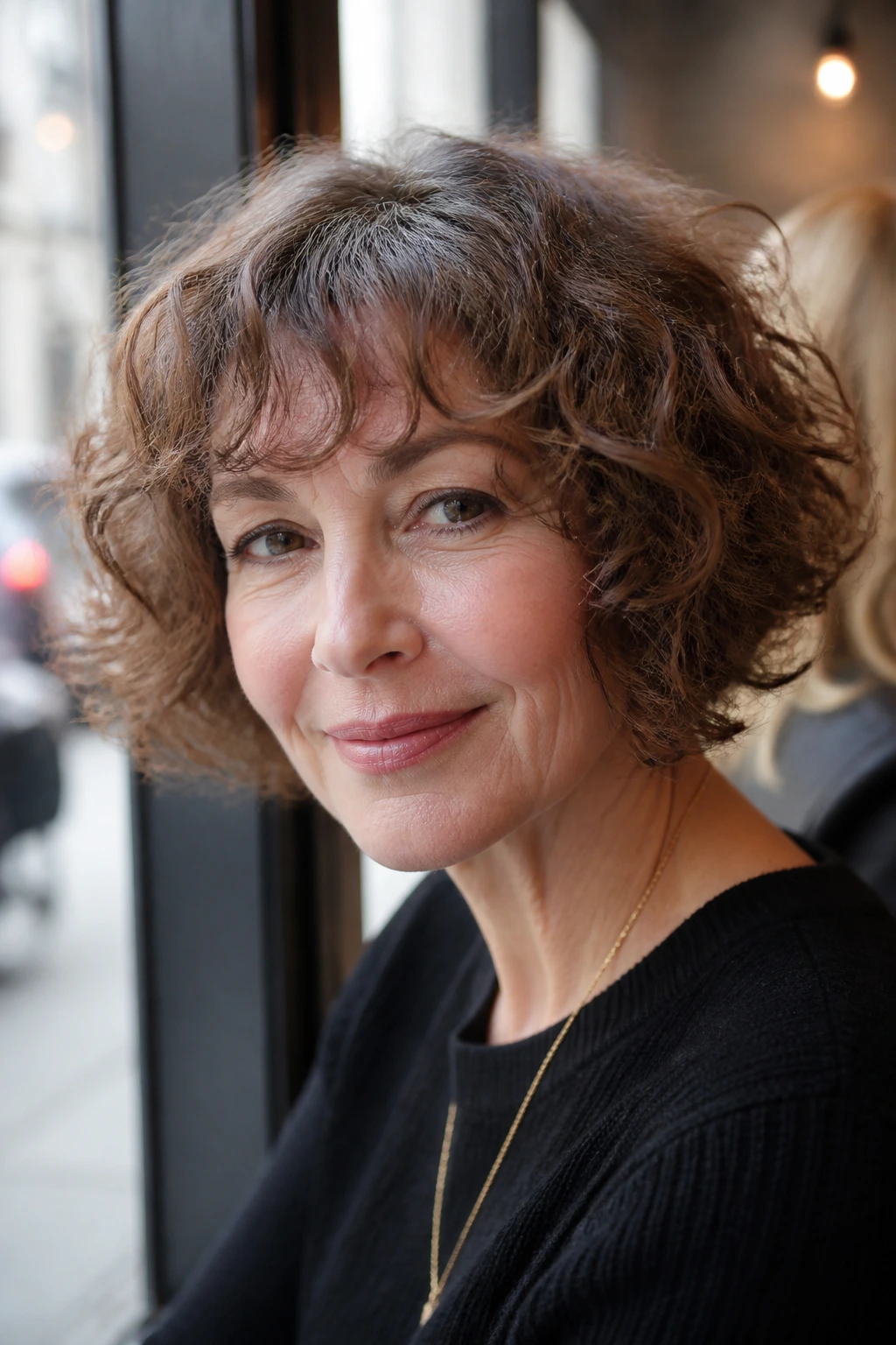Close-up of a real woman with a French curly bob and airy bangs by a sunny cafe window.