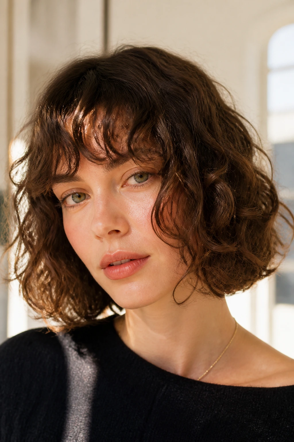Close-up of a real woman with French curly bob and soft fringe